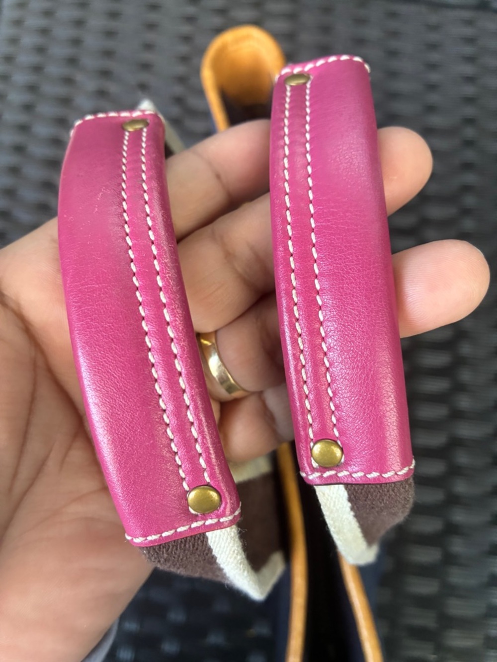 Coach Navy Denim Tote with Brown Straps and Pink Trim - Picture 13 of 16